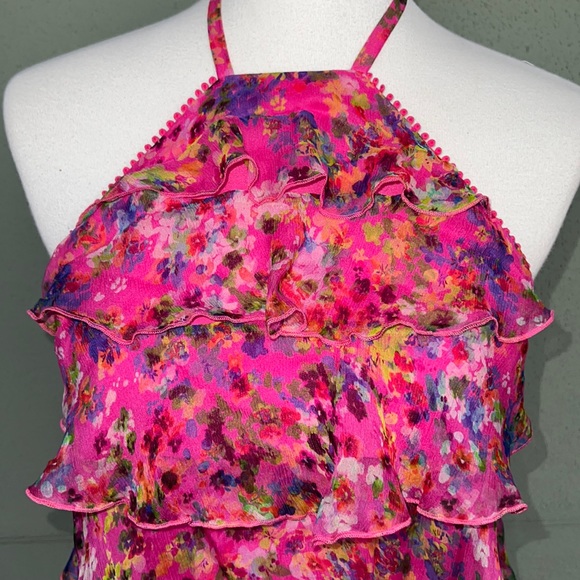 Saloni Halter Ruffles Tiered Silk Dress Barbiecore Size 6 - Picture 4 of 16